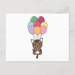 Katze fliegt mit farbenfrohen Balloons auf Postkarte