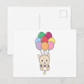 Katze fliegt mit farbenfrohen Balloons auf Postkarte (Vorne/Hinten)