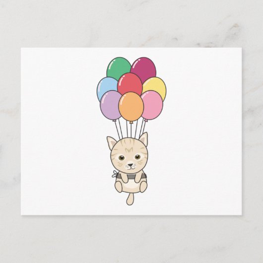 Katze fliegt mit farbenfrohen Balloons auf Postkarte (Vorderseite)
