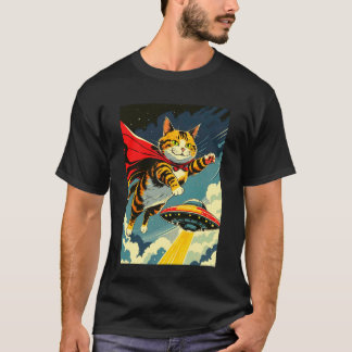 Katze fliegt mit UFO Neuheit-Shirt, süße Kapuzenka T-Shirt