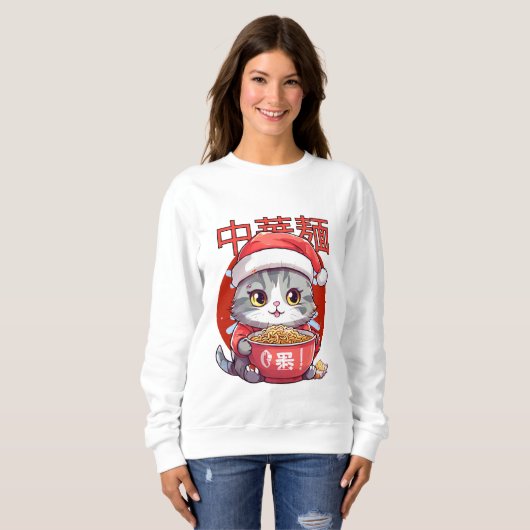 Katze frisst Ramen Nudeln Sweatshirt (Vorne ganz)