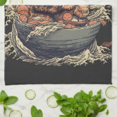 Katze frisst Ramen, Wave of Kanawaga Geschirrtuch (Gefaltet)