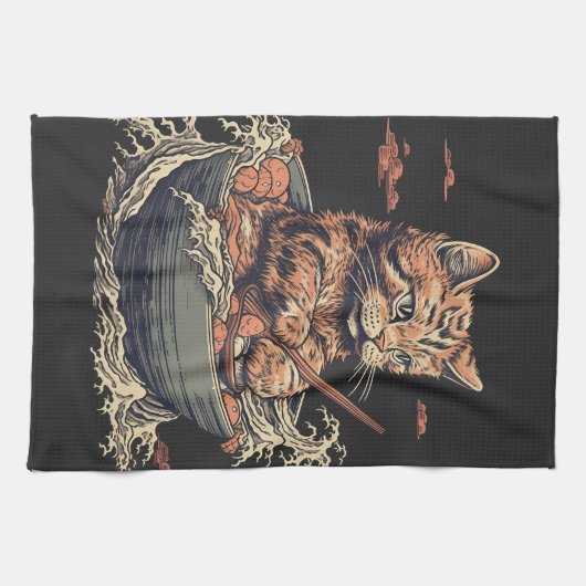 Katze frisst Ramen, Wave of Kanawaga Geschirrtuch (Horizontal)