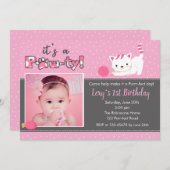 Katze Geburtstagseinladungen mit Foto (Mädchen) Ro Einladung (Vorne/Hinten)