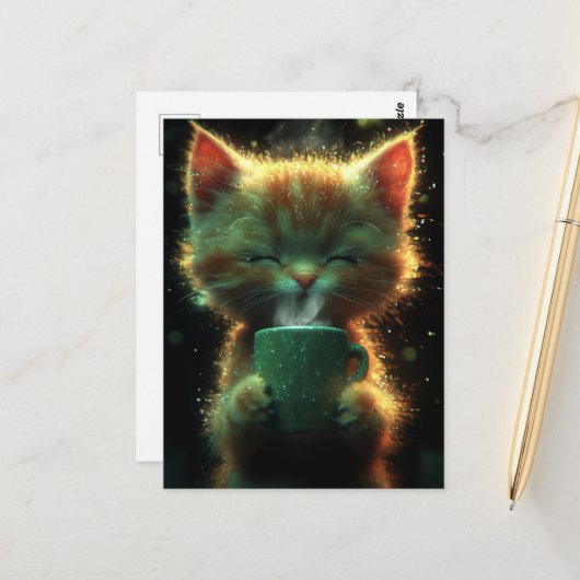 Katze genießt etwas Kaffee Postkarte (Vorderseite/Rückseite Beispiel)