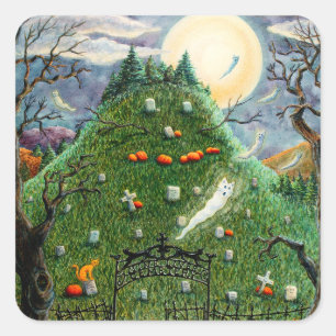 KATZE-GHOSTEN IN NEUN LEBENS FRIEDHOF, SPOOKY FOLK QUADRATISCHER AUFKLEBER