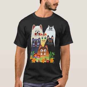Katze Glückliche Bunte Blumen T-Shirt