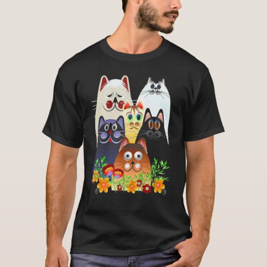 Katze Glückliche Bunte Blumen T-Shirt (Vorderseite)