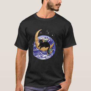 Katze Halbmond Schwarz Kitten Über Erde Süß Lustig T-Shirt