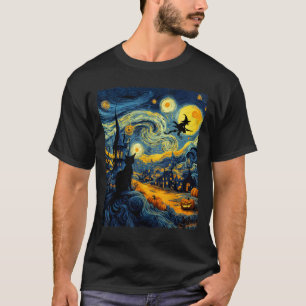 Katze Halloween Van Gogh Sternennacht Kürbis Männe T-Shirt