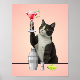 Katze hält Pink Martini Rosa Hintergrund Kunst Poster