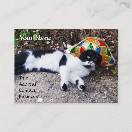 KATZE, HARLEQUIN HAT UND VINTAGE DAMPFLOKOMOTIVE VISITENKARTE (Vorderseite)