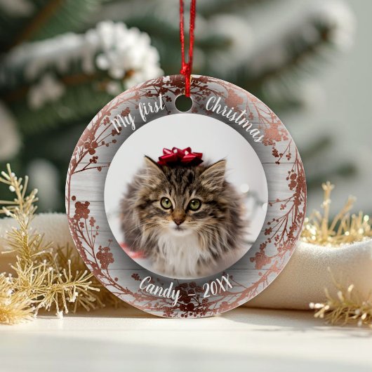 Katze Haustier Erste Weihnachtsfeier Foto Kränze R Keramik Ornament