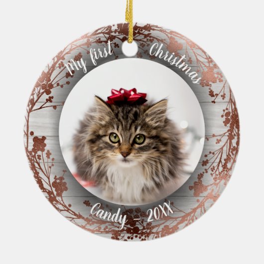 Katze Haustier Erste Weihnachtsfeier Foto Kränze R Keramik Ornament (Hinten)