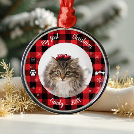 Katze Haustier Erstes Weihnachtsfest Foto Rustic B Ornament Aus Metall