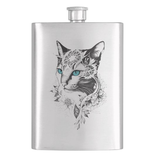 Katze Haustier Natur Illustration Art Tattoo Flachmann (Vorderseite)