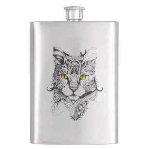 Katze Haustier Natur Illustration Art Tattoo Flachmann