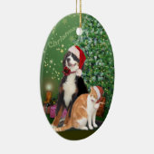 Katze & Hund mit Weihnachtsmannmützen Keramik Ornament (Rechts)