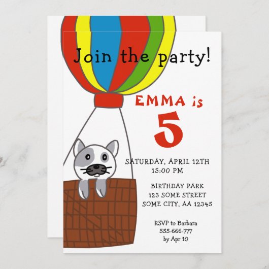 Katze im Air Balloon-Kindergeburtstag Einladung (Vorne/Hinten)
