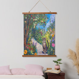 Katze im Blumengarten - Impressionist Paint Wandteppich Mit Holzrahmen