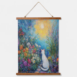 Katze im Blumengarten - Impressionistische Kunst Wandteppich Mit Holzrahmen