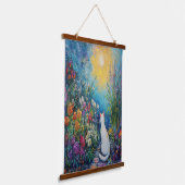 Katze im Blumengarten - Impressionistische Kunst Wandteppich Mit Holzrahmen (Gewinkelt)