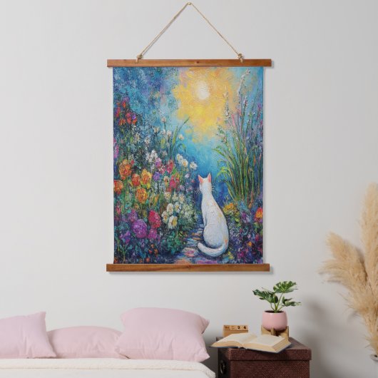 Katze im Blumengarten - Impressionistische Kunst Wandteppich Mit Holzrahmen (Schlafzimmer)