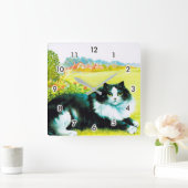Katze im Blumengarten, Louis Wain Quadratische Wanduhr (Zuhause)