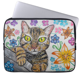 Katze im Blumenhintergrund Elektronik-Tasche Laptopschutzhülle