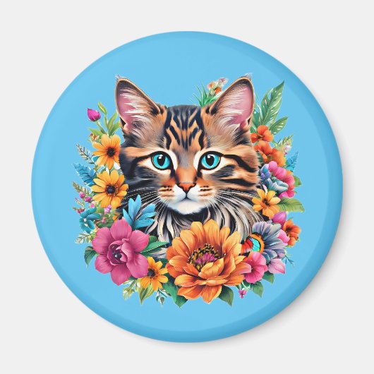Katze im farbenfrohen Blumenkranz Magnet (Vorne)