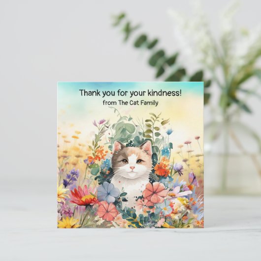 Katze im Feld Blume Dankeskarte (Stehend Vorderseite)