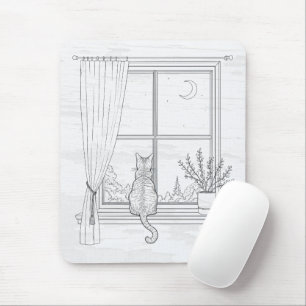 Katze im Fenster Minimalistische Linienkunst Mousepad
