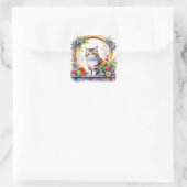 Katze im Fenster mit Blume Wasserfarbe Quadratischer Aufkleber (Tasche)