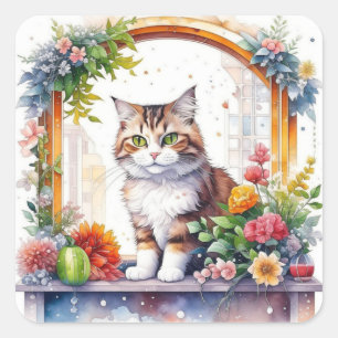 Katze im Fenster mit Blume Wasserfarbe Quadratischer Aufkleber