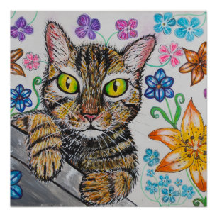 Katze im floralen Hintergrund Glänzendes Poster