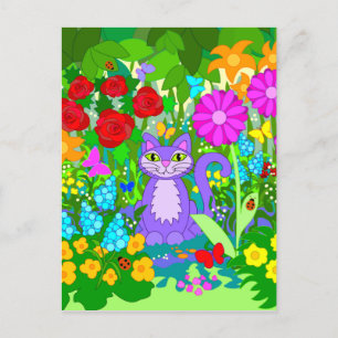 Katze im Garten Fantasy Blumen Schmetterlinge Mari Postkarte
