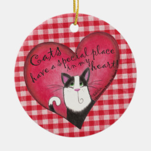 Katze im Herzen von Red & White Gingham Keramik Ornament