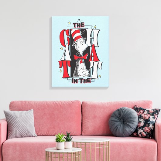 Katze im Hut | B&W Text Leinwanddruck (Insitu (Wohnzimmer))