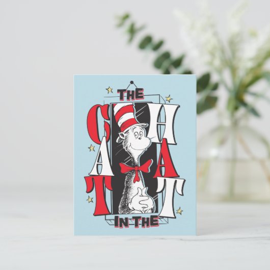 Katze im Hut | B&W Text Postkarte (Stehend Vorderseite)