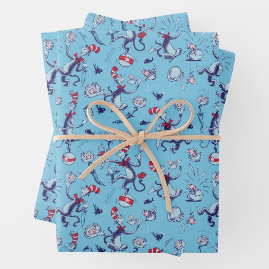 Katze im Hut | Blaues Muster Geschenkpapier Set (Beispiel)