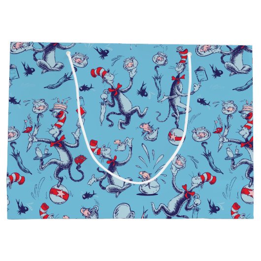 Katze im Hut | Blaues Muster Große Geschenktüte (Rückseite)