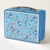 Katze im Hut | Blaues Muster Metall Brotdose (Vorderseite)