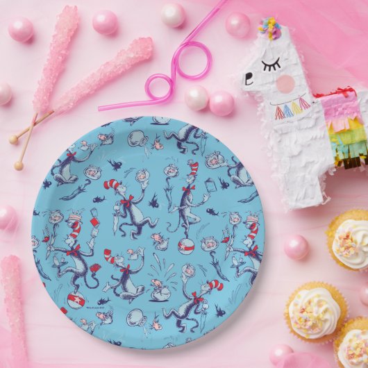 Katze im Hut | Blaues Muster Pappteller (Party)
