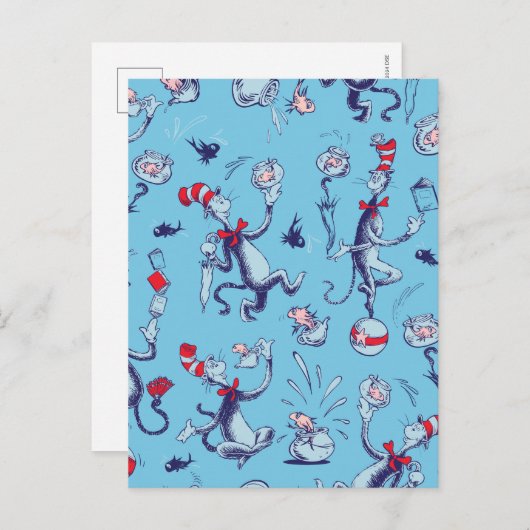 Katze im Hut | Blaues Muster Postkarte (Vorne/Hinten)