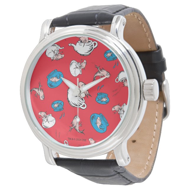 Katze im Hut | Das rote Muster der Fische Armbanduhr (Schrägansicht)