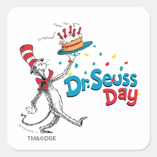 Katze im Hut | Dr. Seuss Day Quadratischer Aufkleber (Vorderseite)