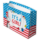 Katze im Hut | Es ist eine Mädchen-Babydusche Große Geschenktüte (Rückseite Schrägansicht)