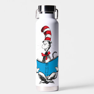 Katze im Hut liest Trinkflasche
