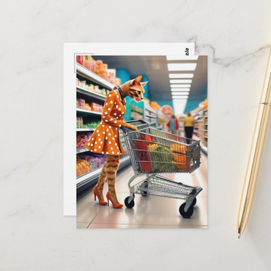 Katze im Lebensmittelgeschäft Postkarte (Vorderseite/Rückseite Beispiel)