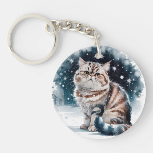 Katze im Schnee-2-runden Acrylischen Schlüsselanhä Schlüsselanhänger